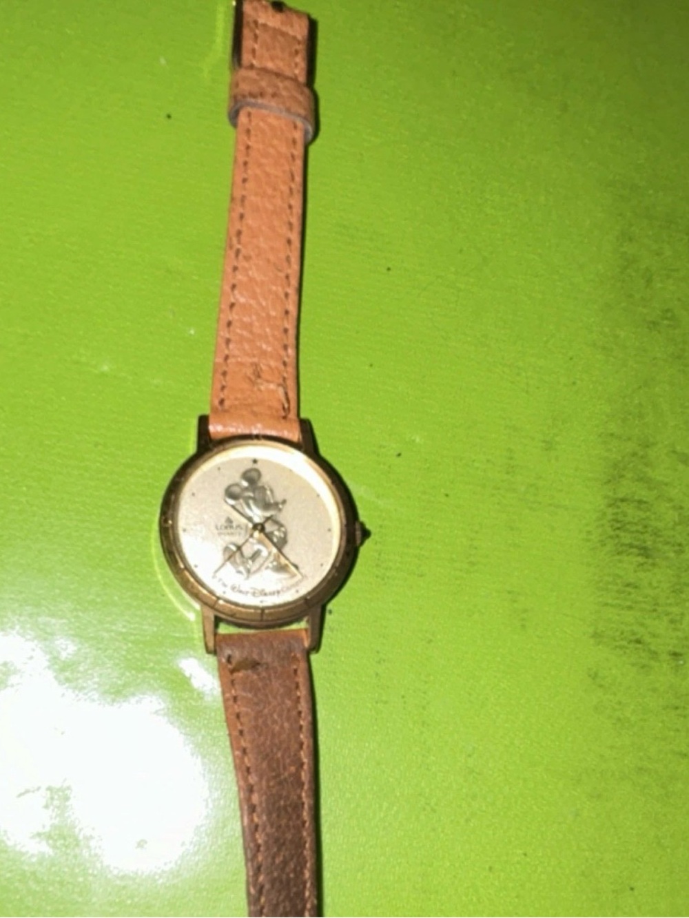 Disney Brown Leather Strap Watch with Gold Tone Case and White Dial